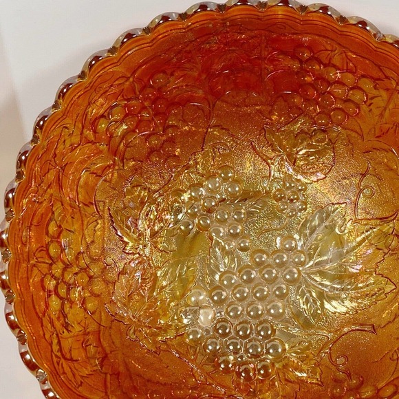 Vtg Imperial Grape Pattern Carnival Glass Bowl Marigold Iridescent Leaves 8.75" - Picture 6 of 9